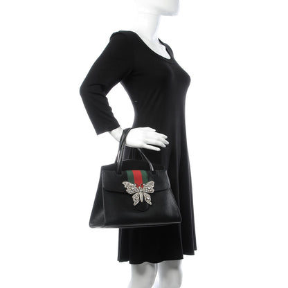 Gucci Grained Calfskin Web Crystal Butterfly Stripe Medium Totem Top Handle Bag Black 2 of 9