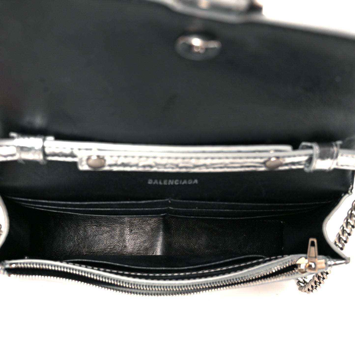 Metallic Calfskin Crocodile Embossed Hourglass Chain Bag Silver