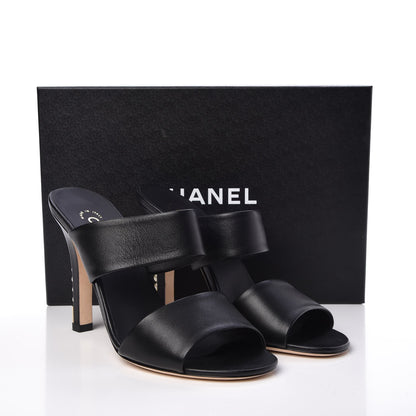 Chanel Lambskin Open Toe Pearl Sandal Heels 39.5 Black 10 of 10