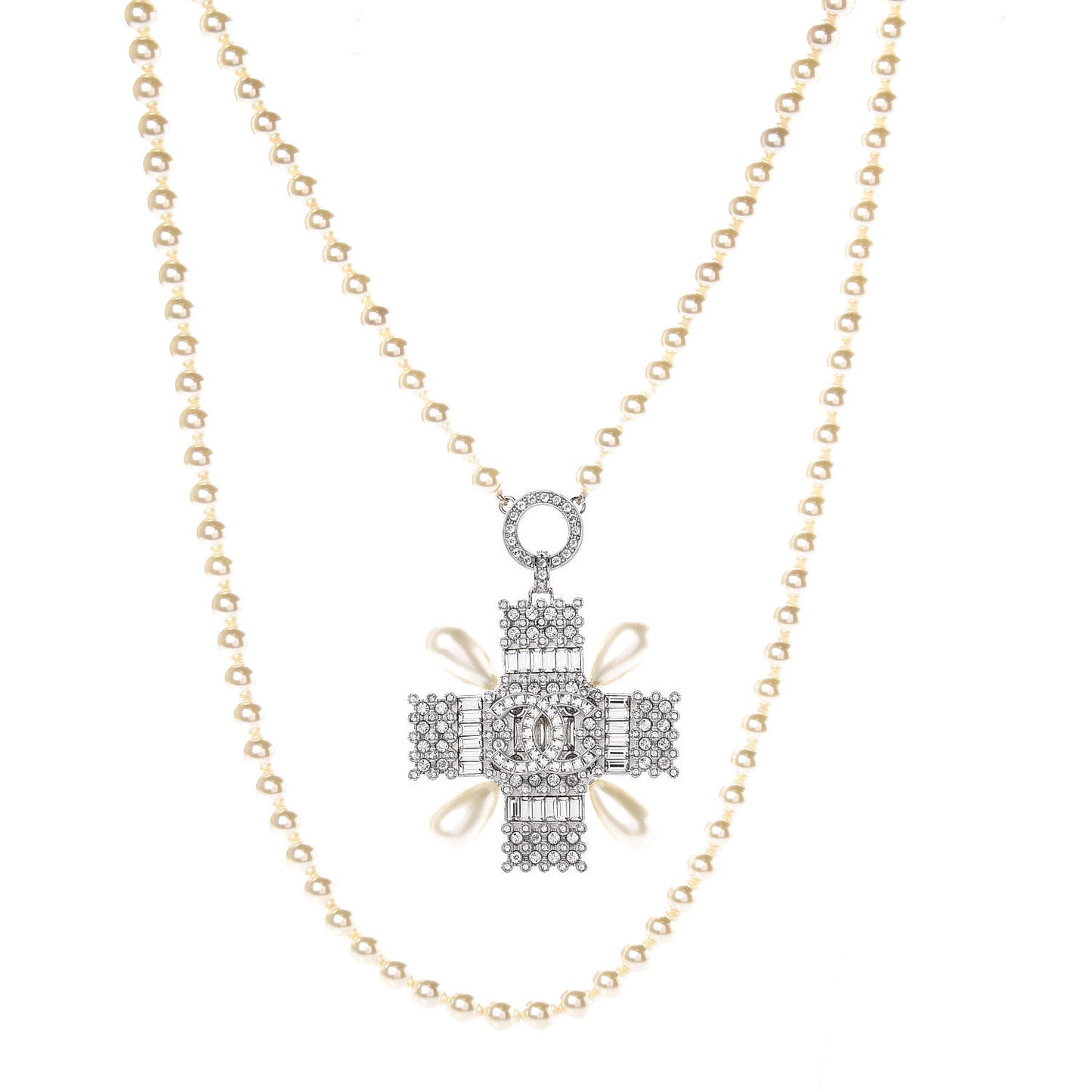Pearl Crystal Baguette Double Strand CC Necklace Silver