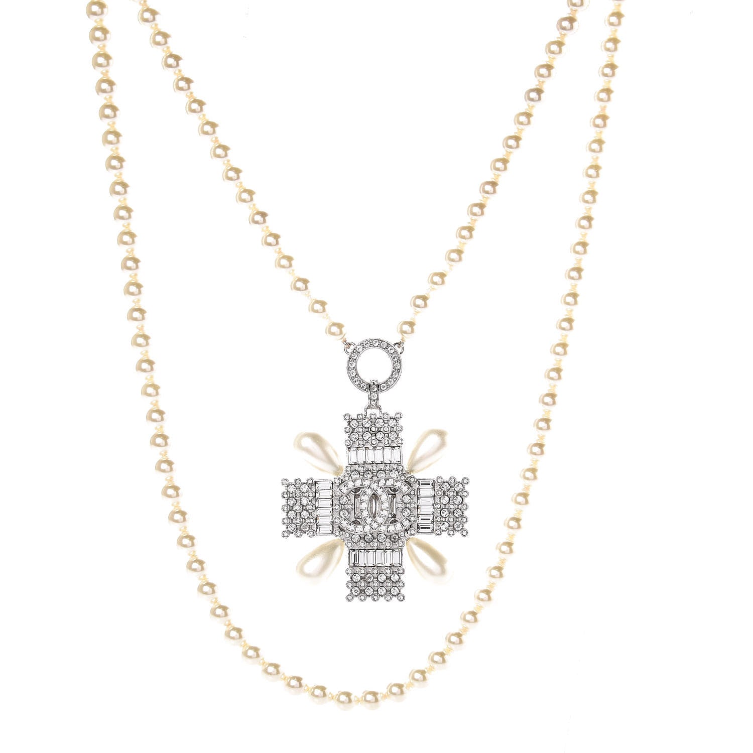 Chanel Pearl Crystal Baguette Double Strand CC Necklace Silver 1 of 5