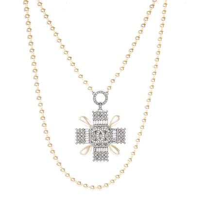 Chanel Pearl Crystal Baguette Double Strand CC Necklace Silver 1 of 5