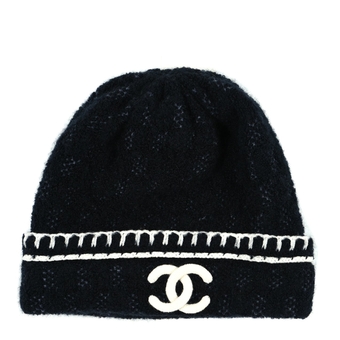 Cashmere Wool Silk CC Beanie Hat Black White