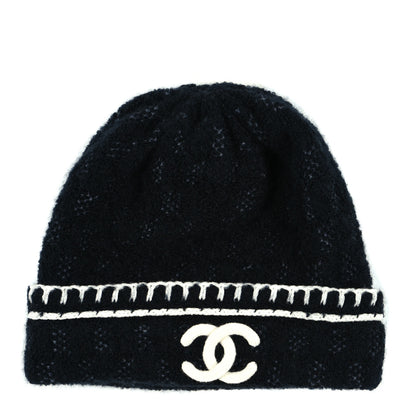 Chanel Cashmere Wool Silk CC Beanie Hat Black White 1 of 4