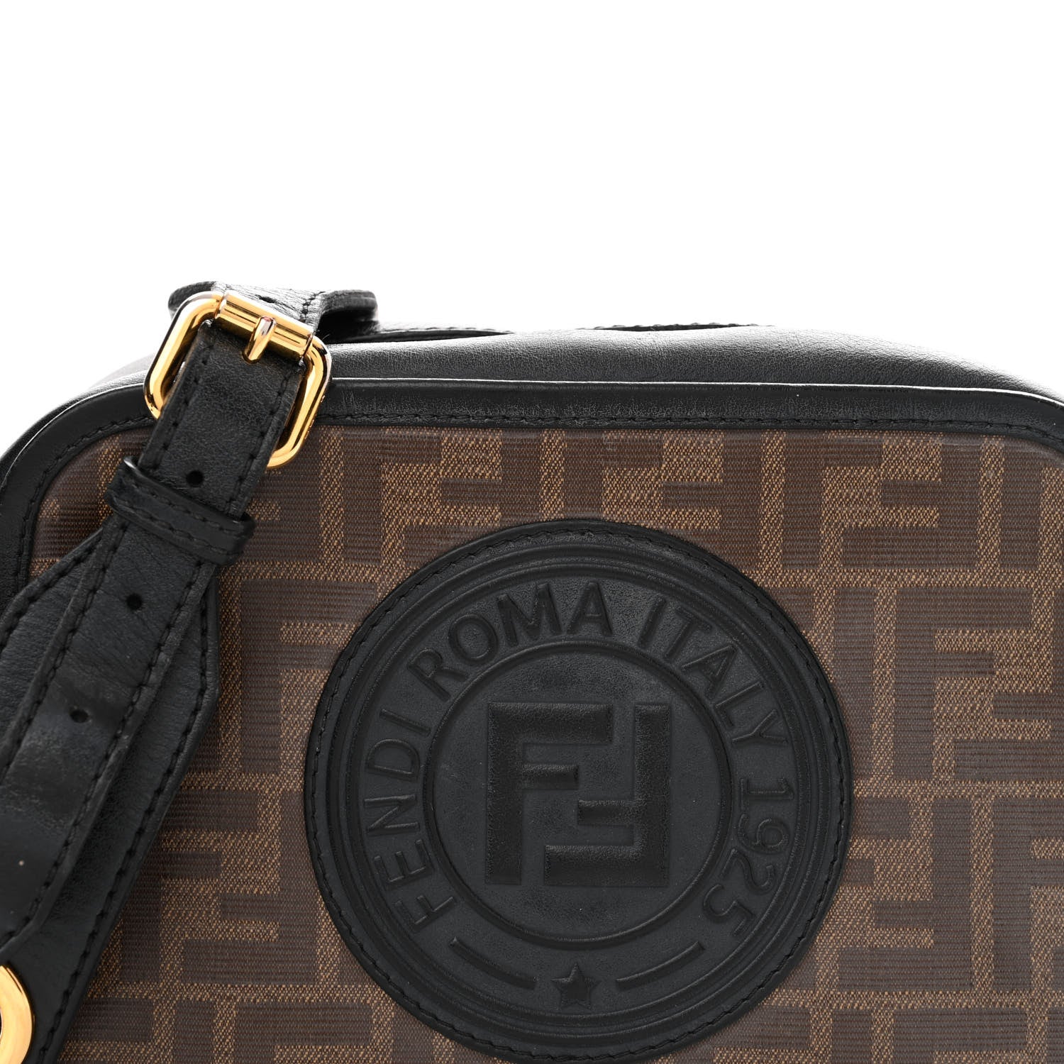 Fendi Glazed Fabric Vitello Century F is Fendi FF 1974 Stamp Patch Camera Case Mogano Panna Black 8 of 18