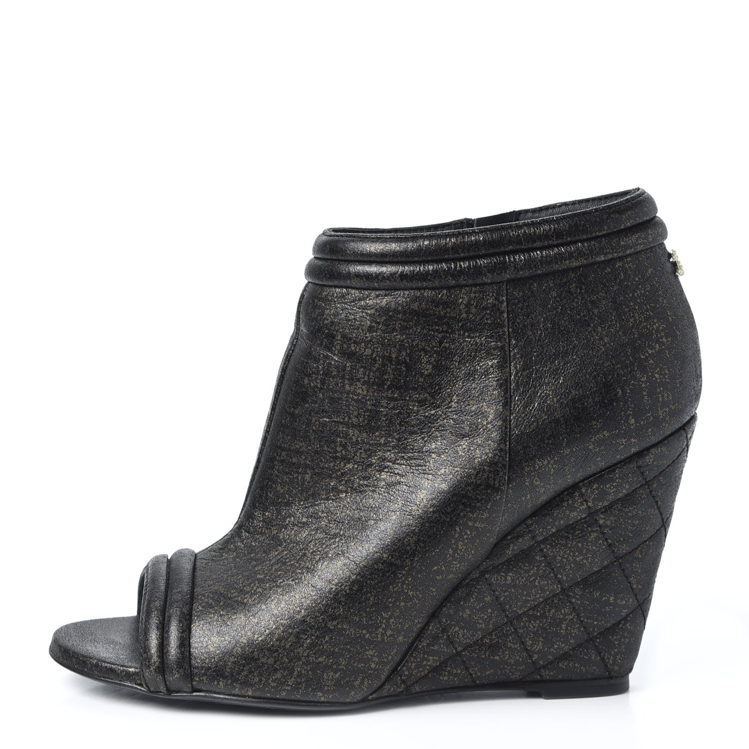 Chanel Fantasy Lambskin Peep Toe Short Boots 37.5 Black Gold 1 of 11