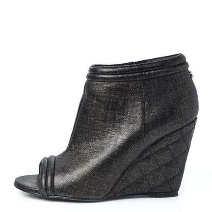 Chanel Fantasy Lambskin Peep Toe Short Boots 37.5 Black Gold 1 of 11