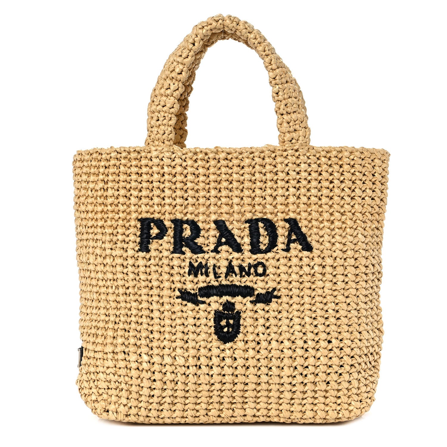 Prada Yarn Raffia Effect Crochet Embroidered Small Logo Tote Naturale 1 of 8