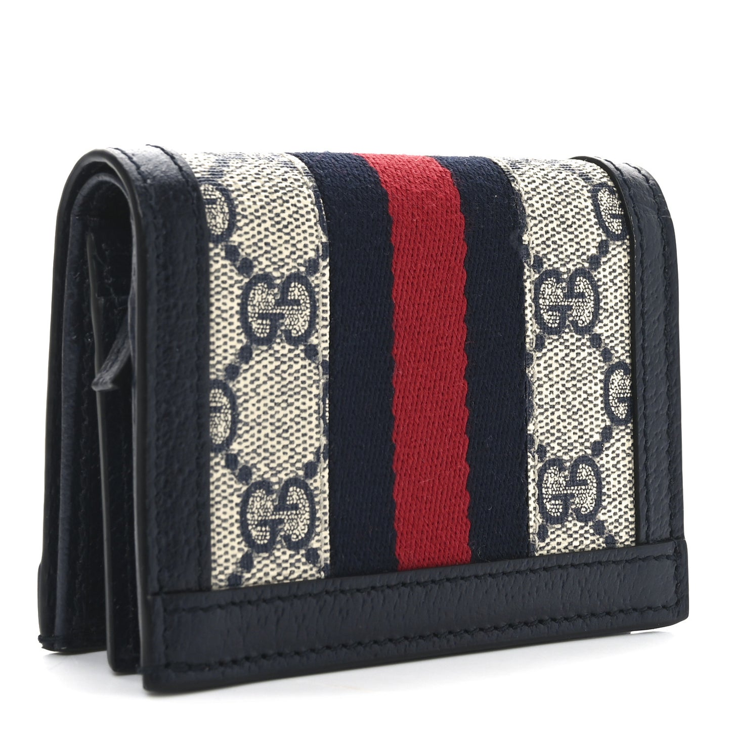GG Supreme Monogram Textured Dollar Calfskin Web Ophidia Card Case Beige Blue
