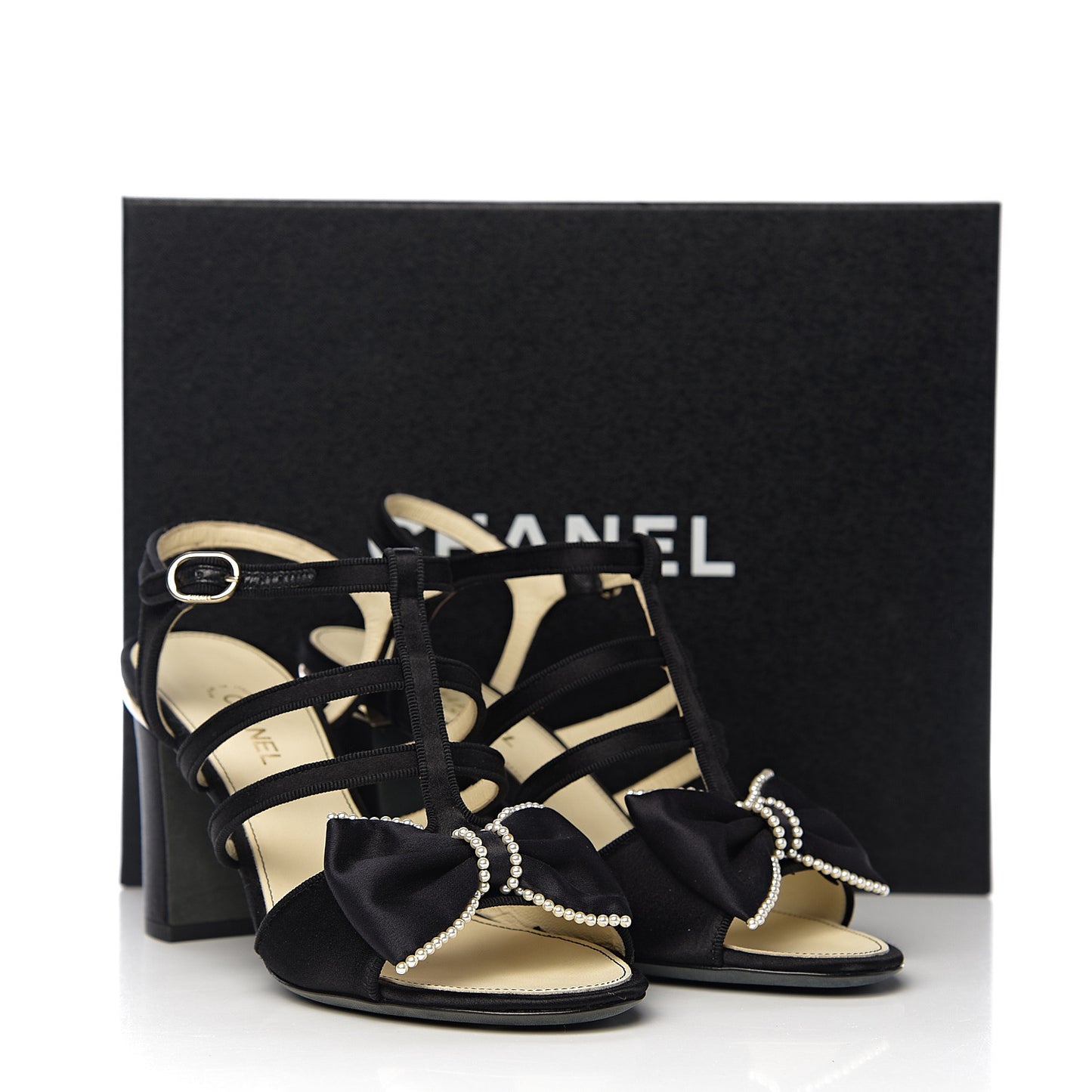 Satin Pearl Bow Sandals 37 Black