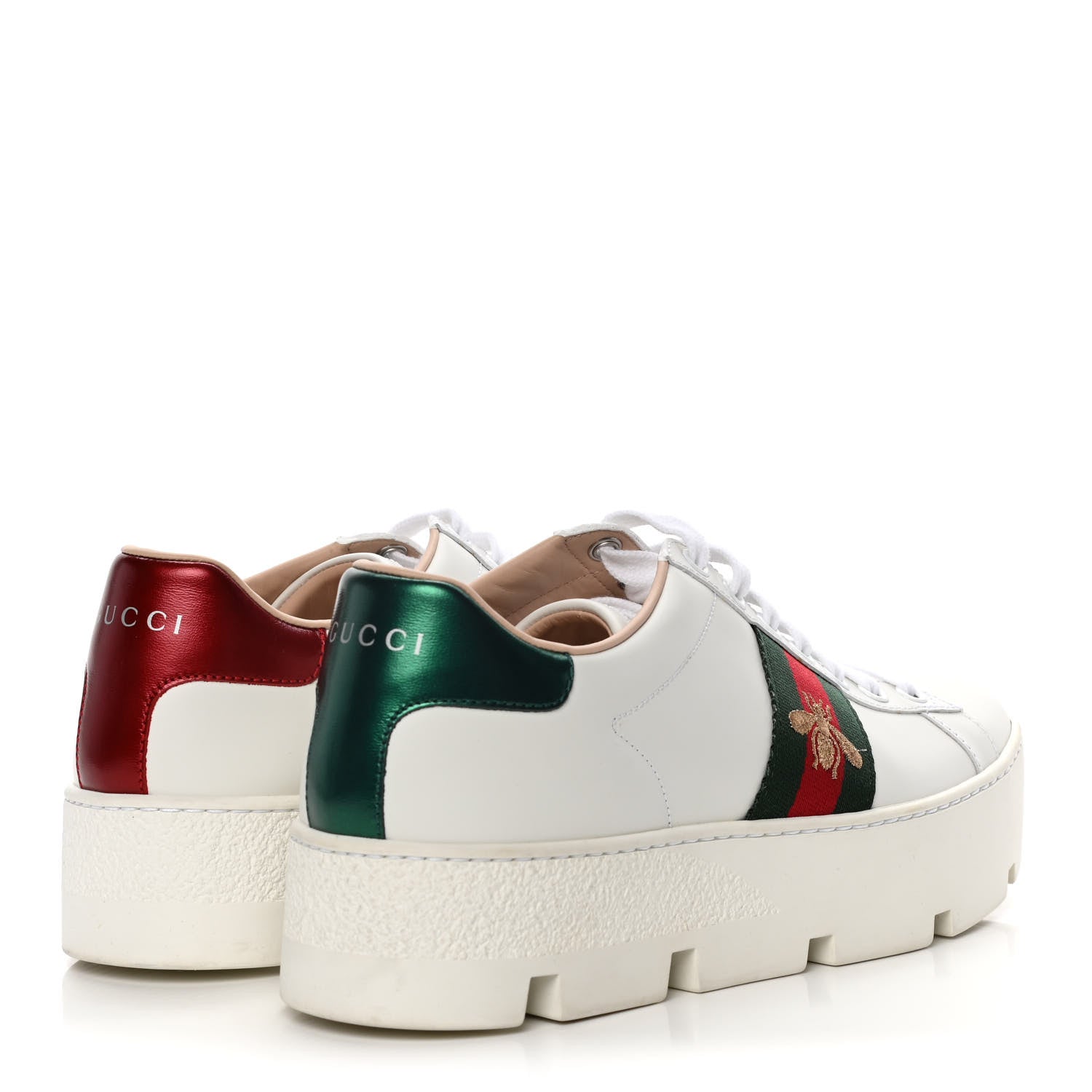 Gucci Calfskin Web Bee Embroidered Womens Ace Platform Sneakers 37.5 White 4 of 11