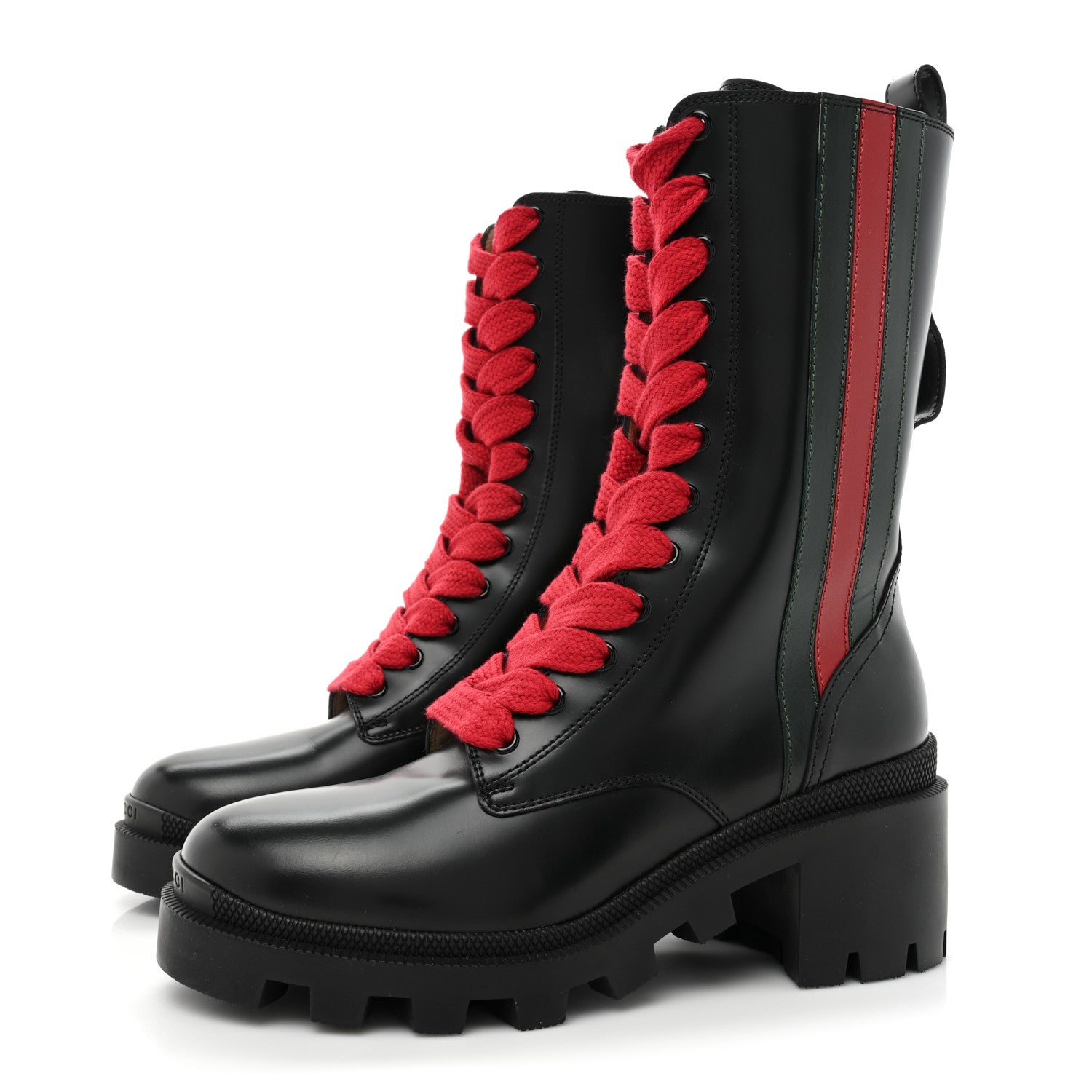 Gucci Magnum Calfskin Cirano Lux Web Lace Up Tall Combat Boots 36.5 Black Verde Hibiscus Red 3 of 10