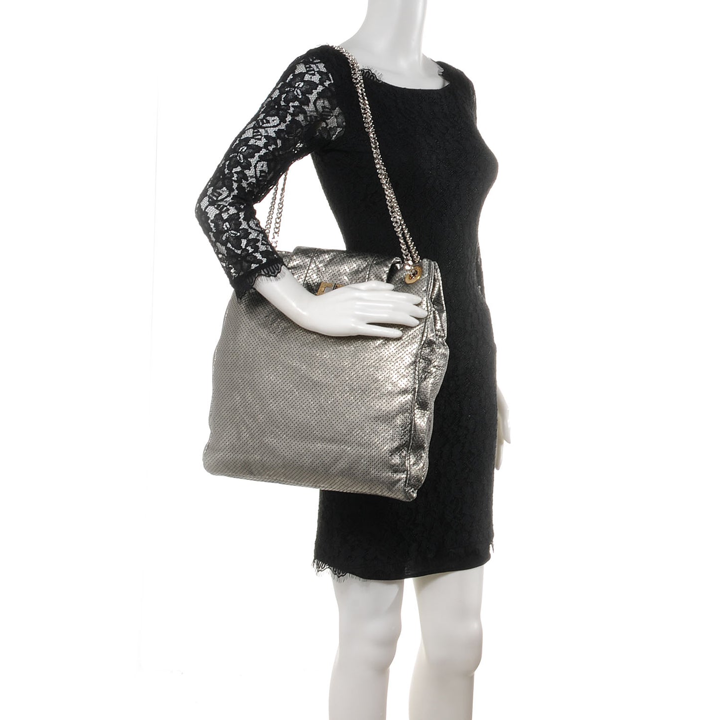 Metallic Crackled Calfskin Perforated Drill Shoulder Bag Silver