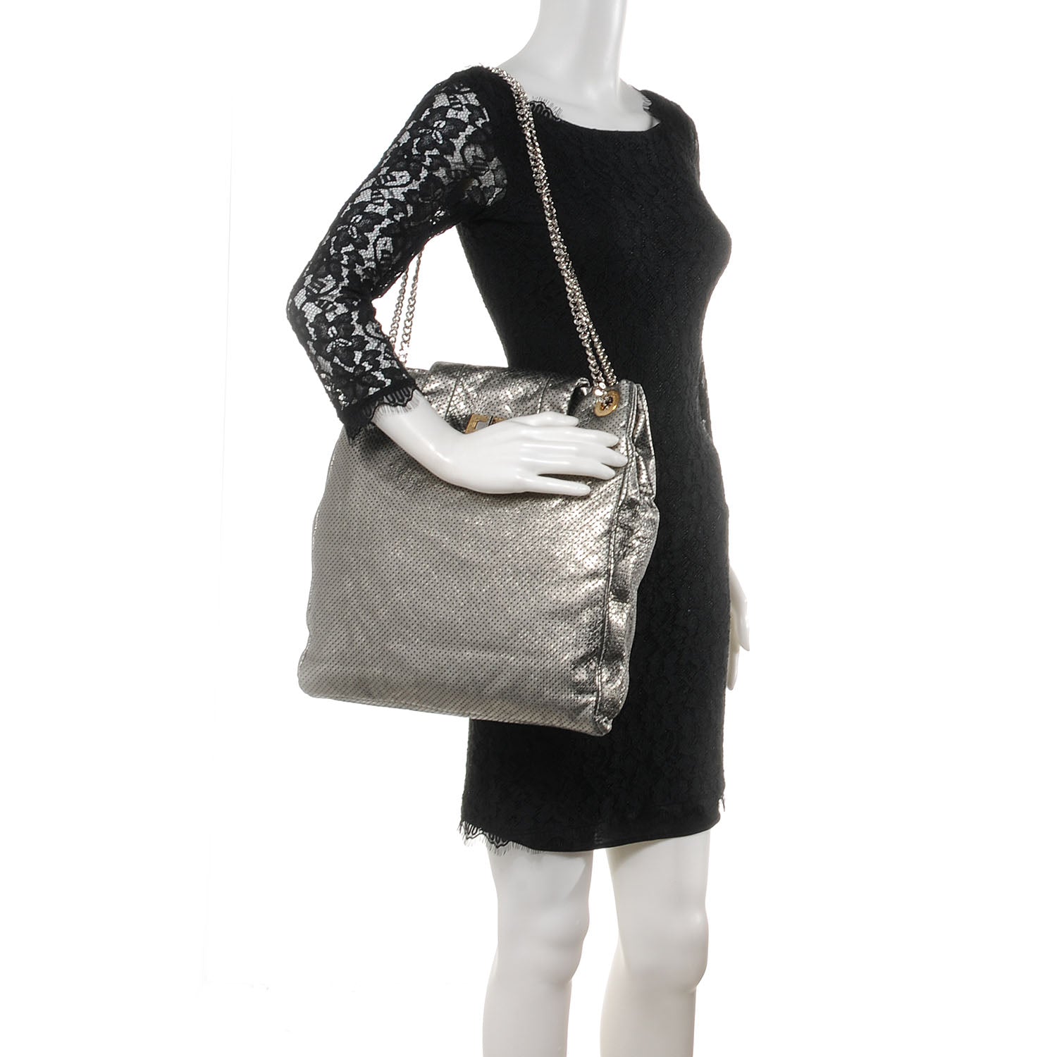 Chanel Metallic Crackled Calfskin Perforated Drill Shoulder Bag Silver 2 of 7