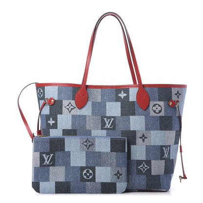 Louis Vuitton Denim Damier Monogram Patchwork Neverfull Blue Rouge 1 of 10