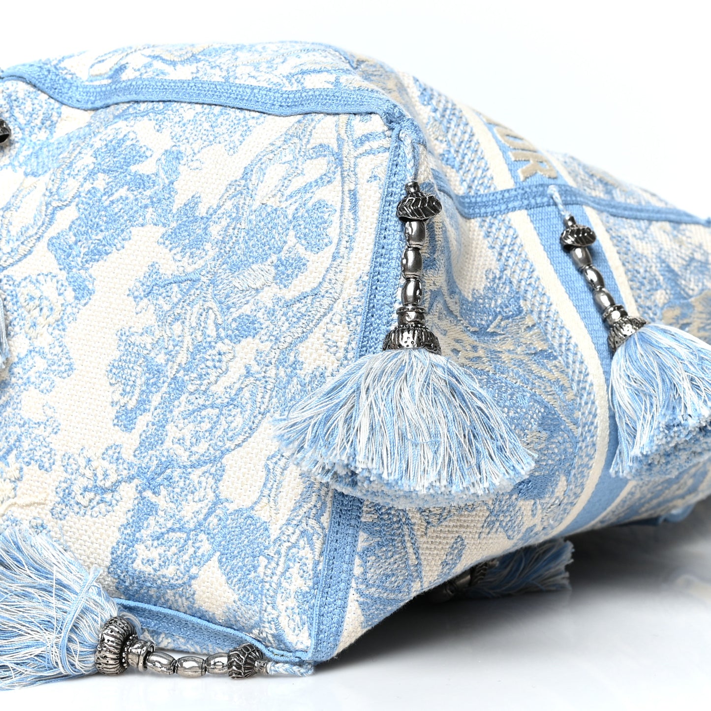 Canvas Reverse Embroidered Toile De Jouy D-Bubble Bucket Bag Blue