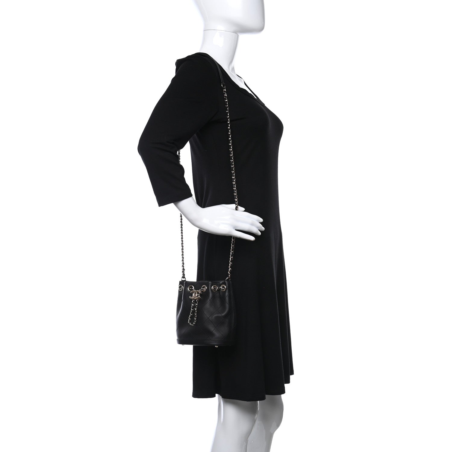 Chanel Calfskin Stitched Chain Bucket Bag Black 2 of 10