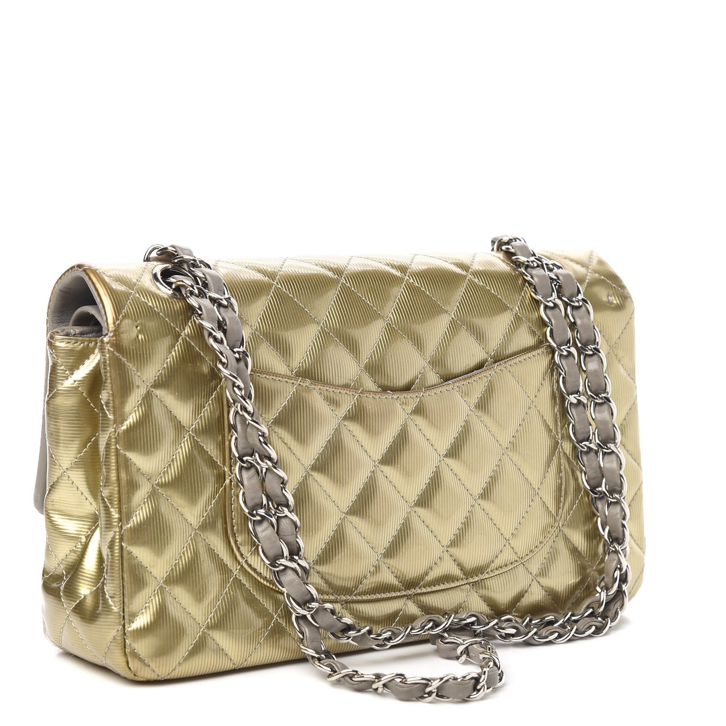 Striated Patent Quilted Medium Double Flap Gold