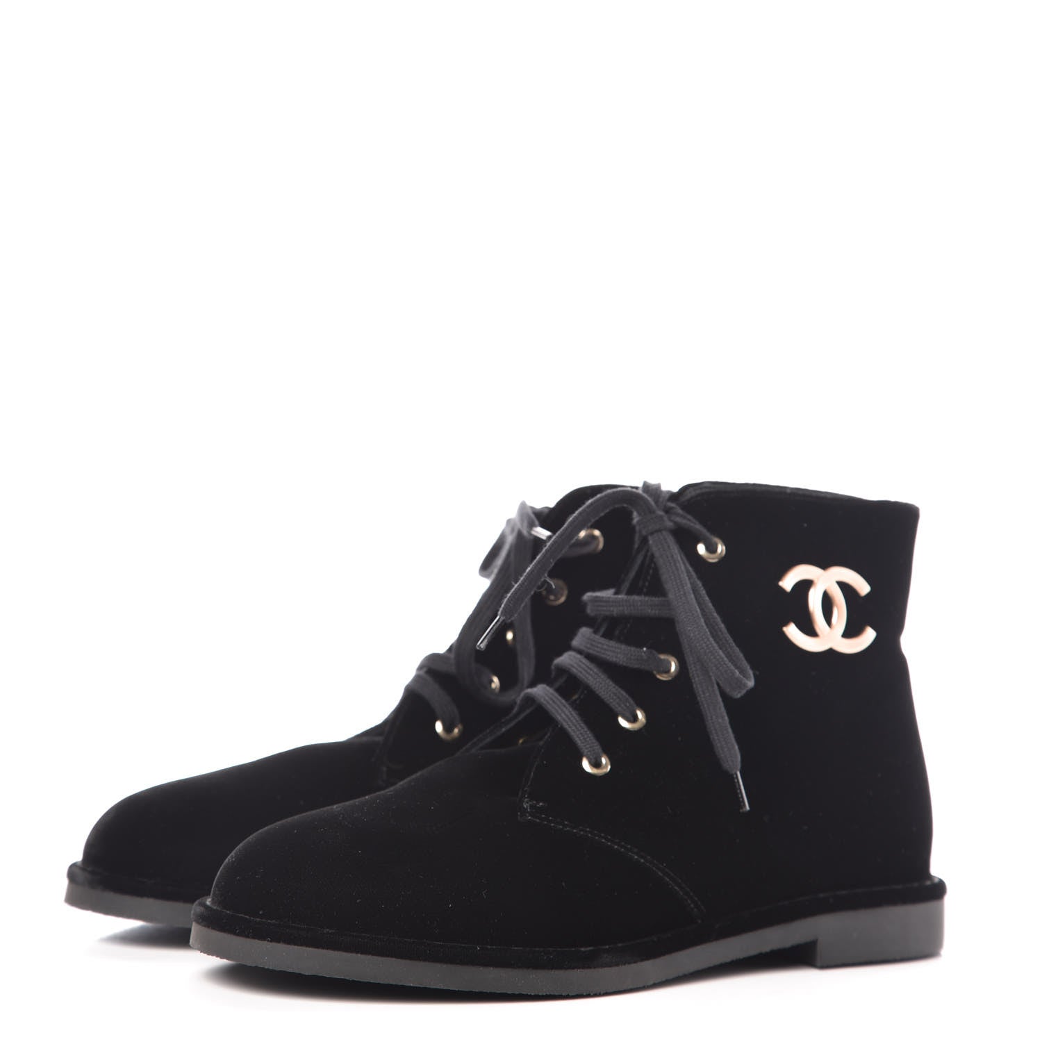 Chanel Velvet CC Lace Up Boots 40 Black 3 of 9