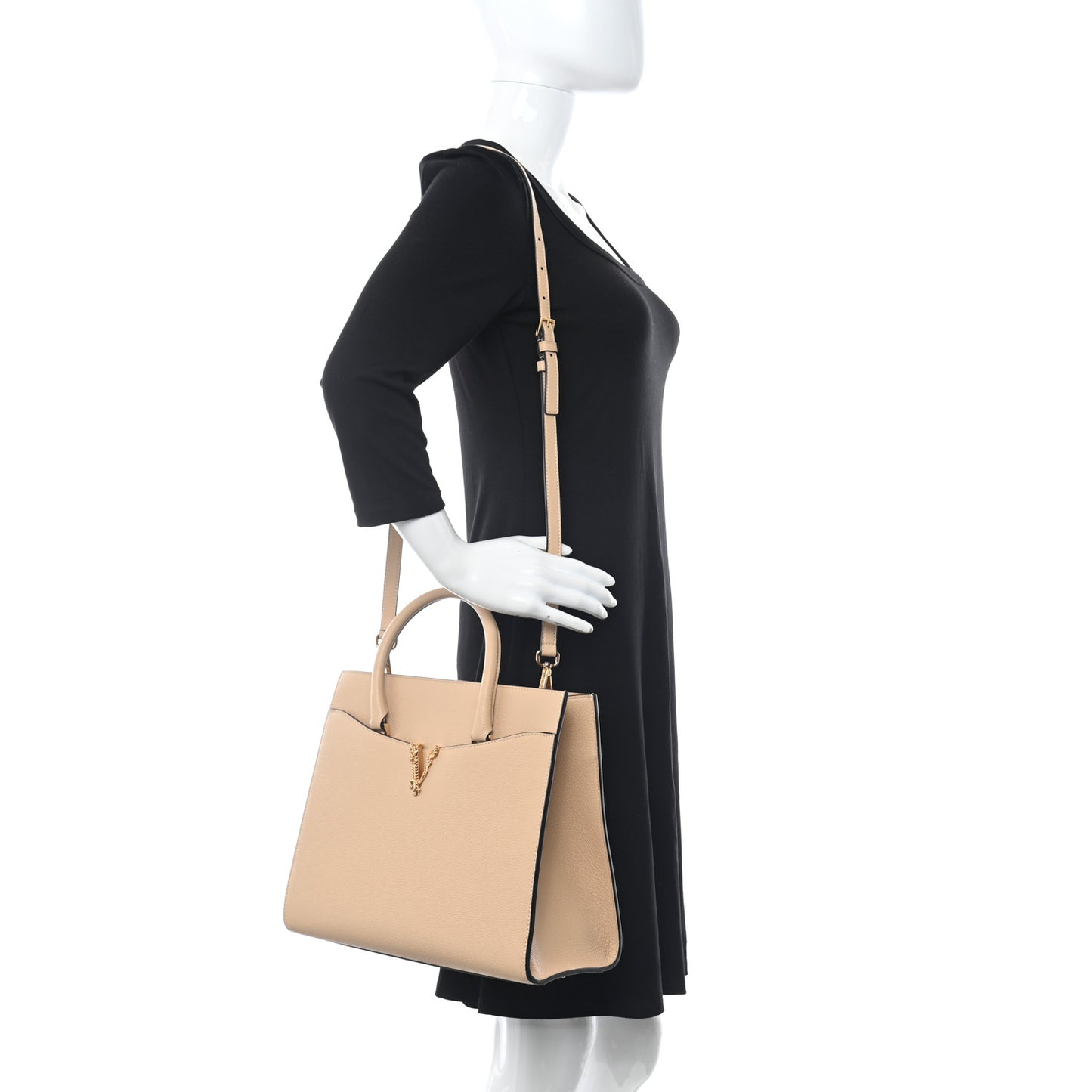 Grained Calfskin Large Virtus Top Handle Shoulder Bag Beige