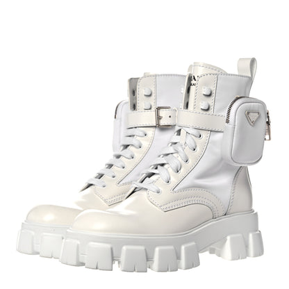 Prada Spazzolato Rois Re-Nylon Metal Triangle Logo Mens Monolith Pouch Pocket 60mm Combat Boots 8 White 3 of 12