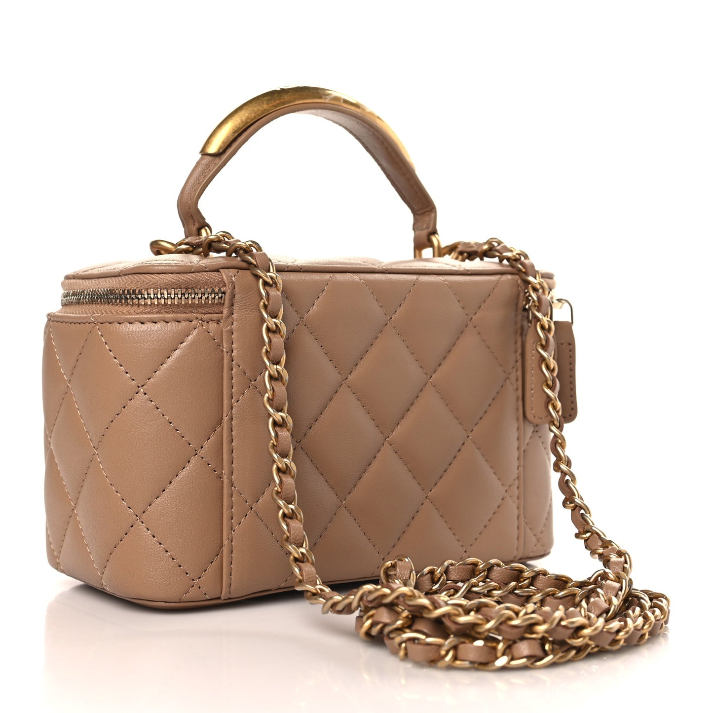 Lambskin Quilted Metal Small Top Handle Vanity Case With Chain Beige