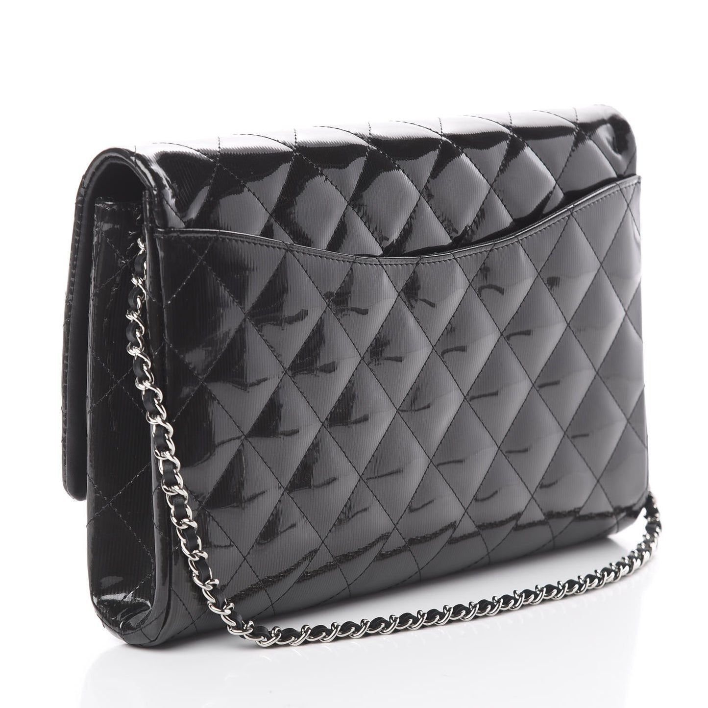 Striated Patent Quilted Clutch With Chain Flap Black