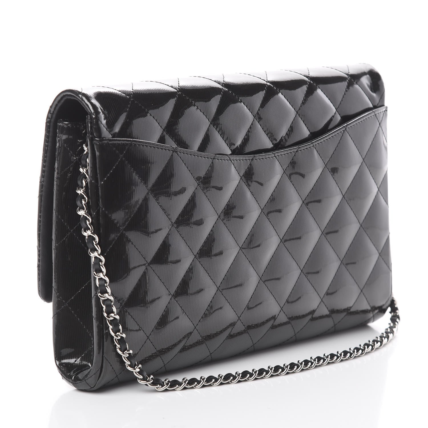 Chanel Striated Patent Quilted Clutch With Chain Flap Black 2 of 8