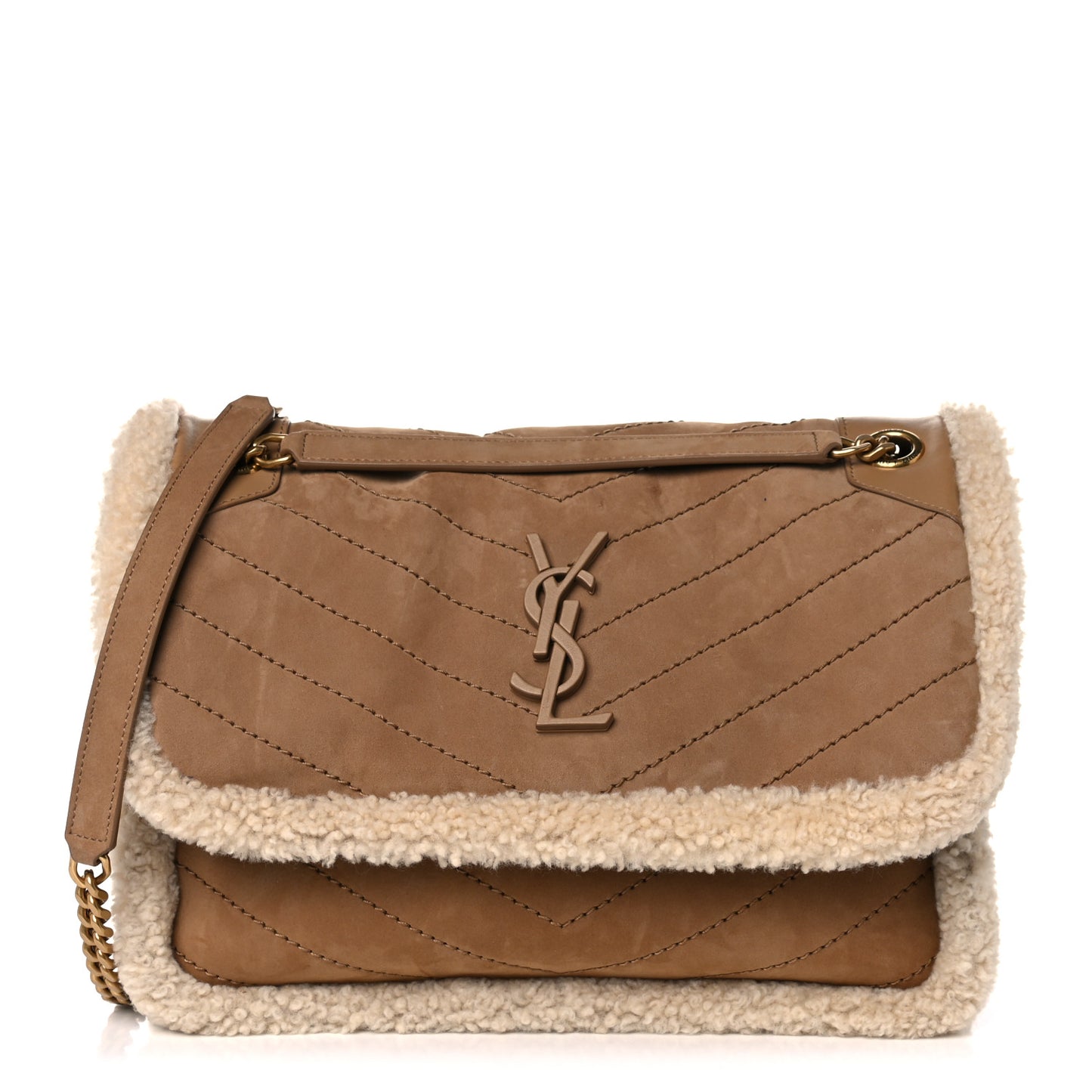 Nubuck Shearling Monogram Medium Niki Chain Satchel Ivory Natural Tan