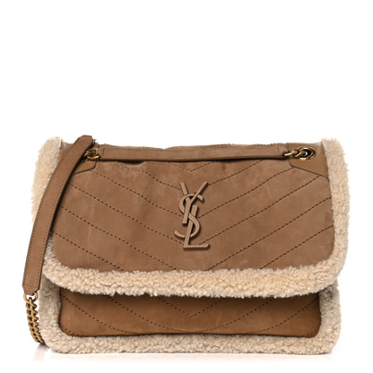 Saint Laurent Nubuck Shearling Monogram Medium Niki Chain Satchel Ivory Natural Tan 1 of 16