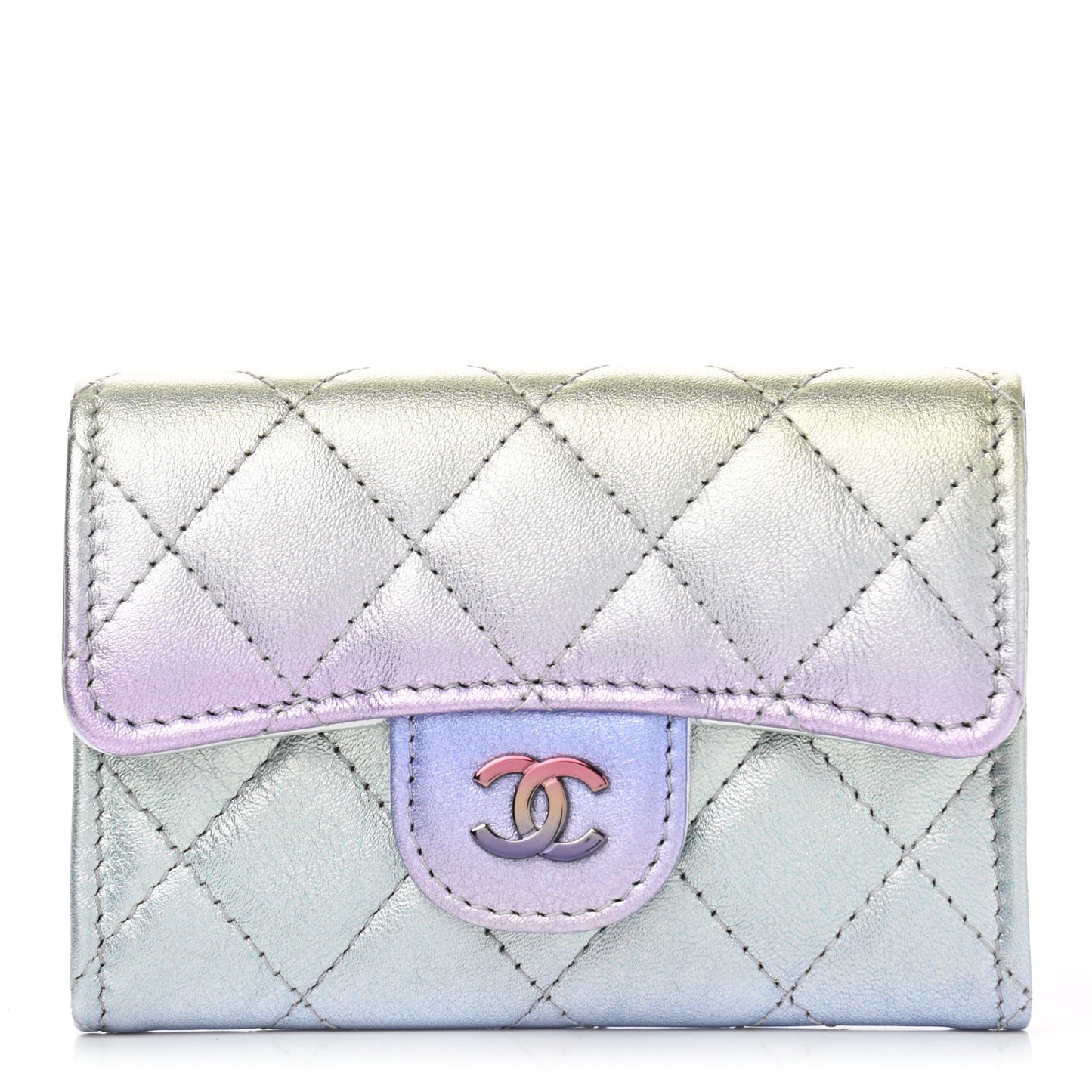 Gradient Metallic Calfskin Quilted Flap Card Holder Wallet Silver Blue Yellow Purple