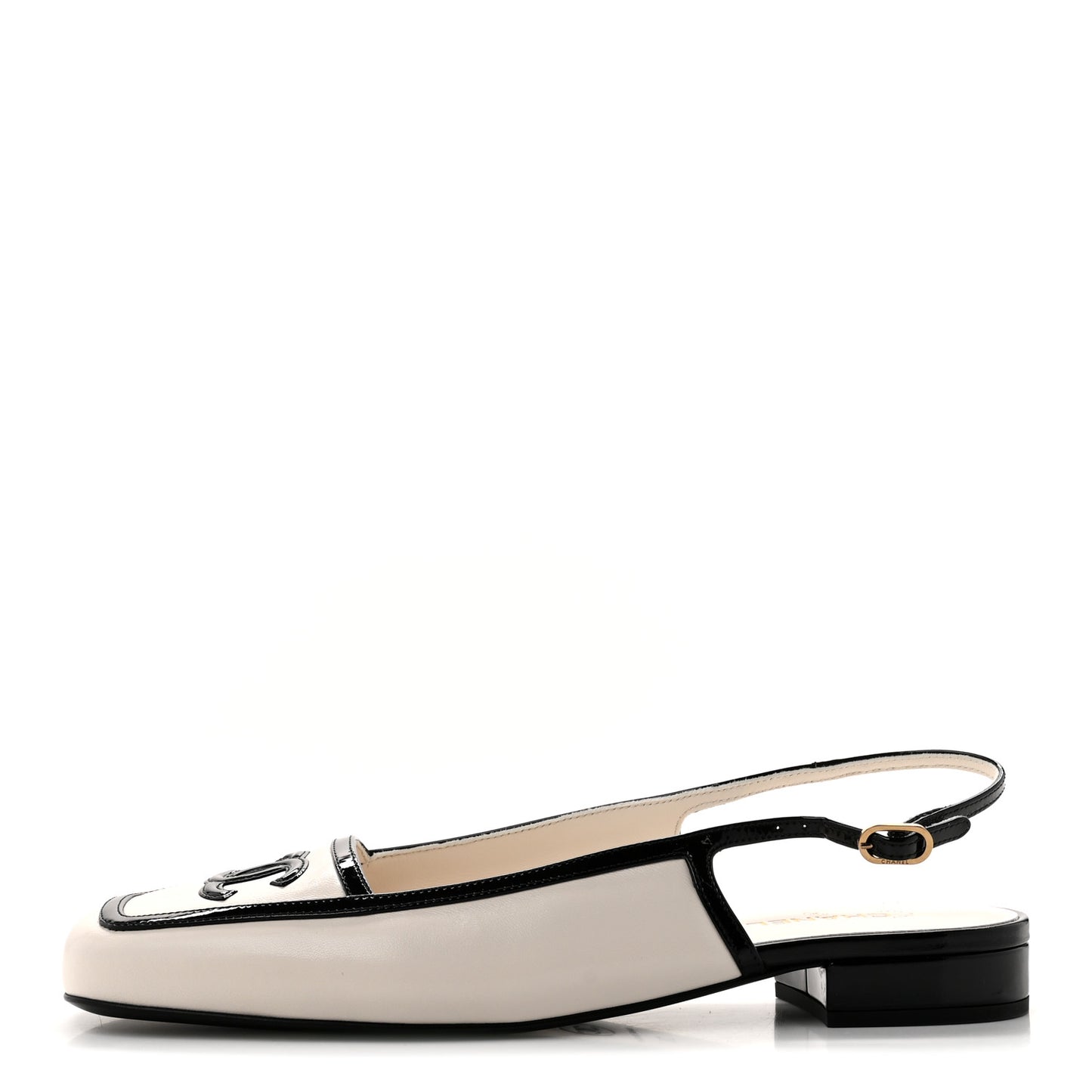 Lambskin Patent Calfskin Cap Toe CC Slingback Pumps 39 Ivory Black