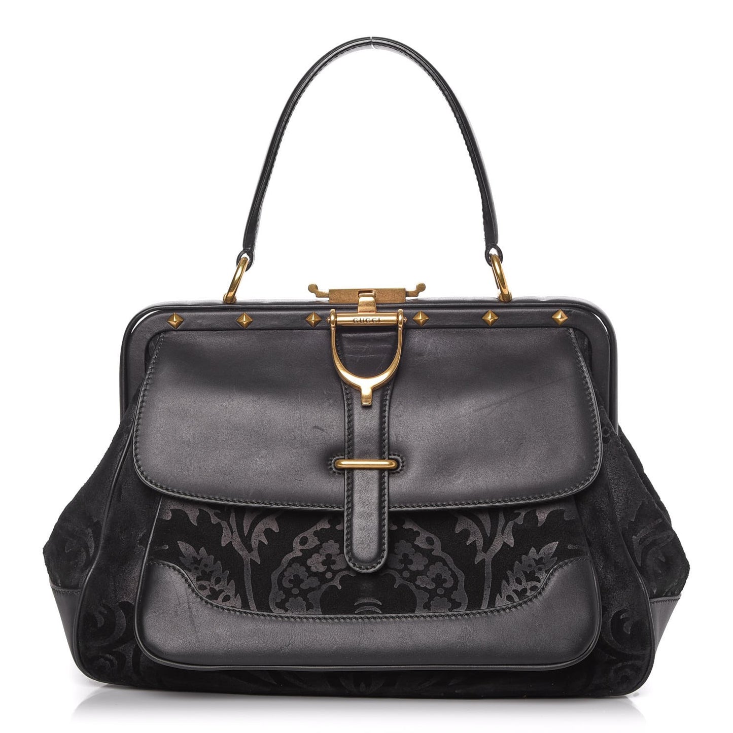 Nubuck Brocade Medium Lady Stirrup Top Handle Black