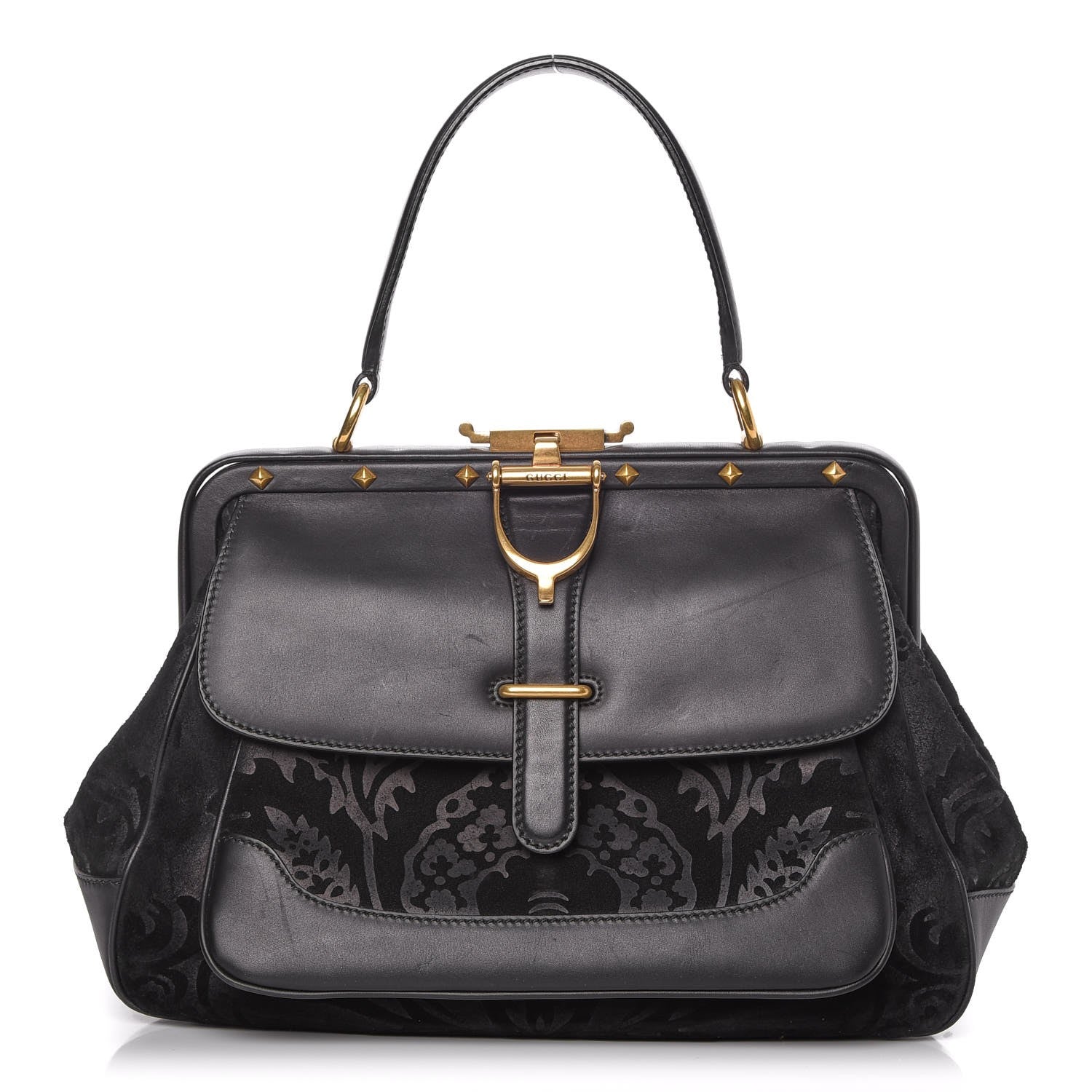Gucci Nubuck Brocade Medium Lady Stirrup Top Handle Black 1 of 11