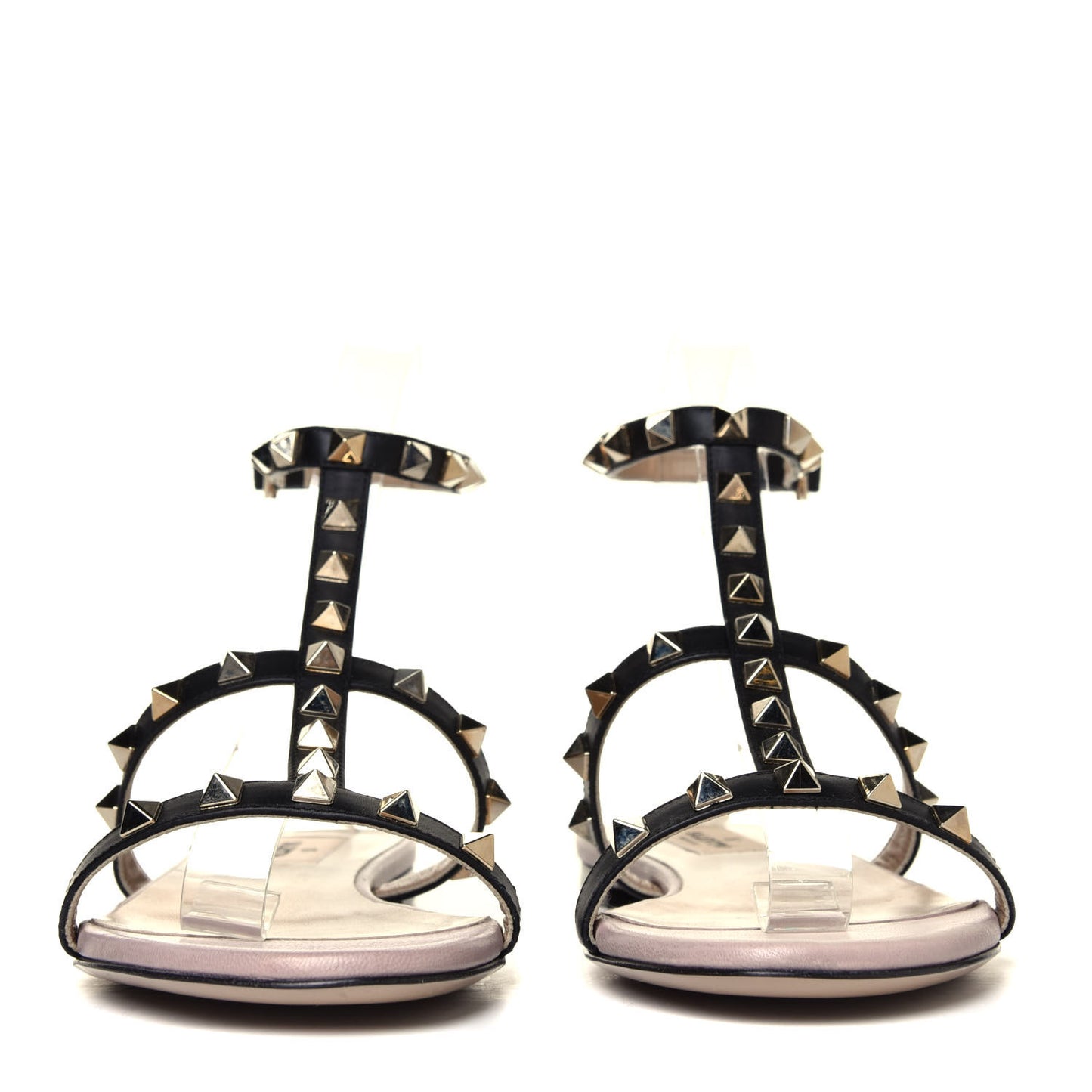 Calfskin Rockstud Ankle Strap Flat Sandals 36.5 Black Poudre