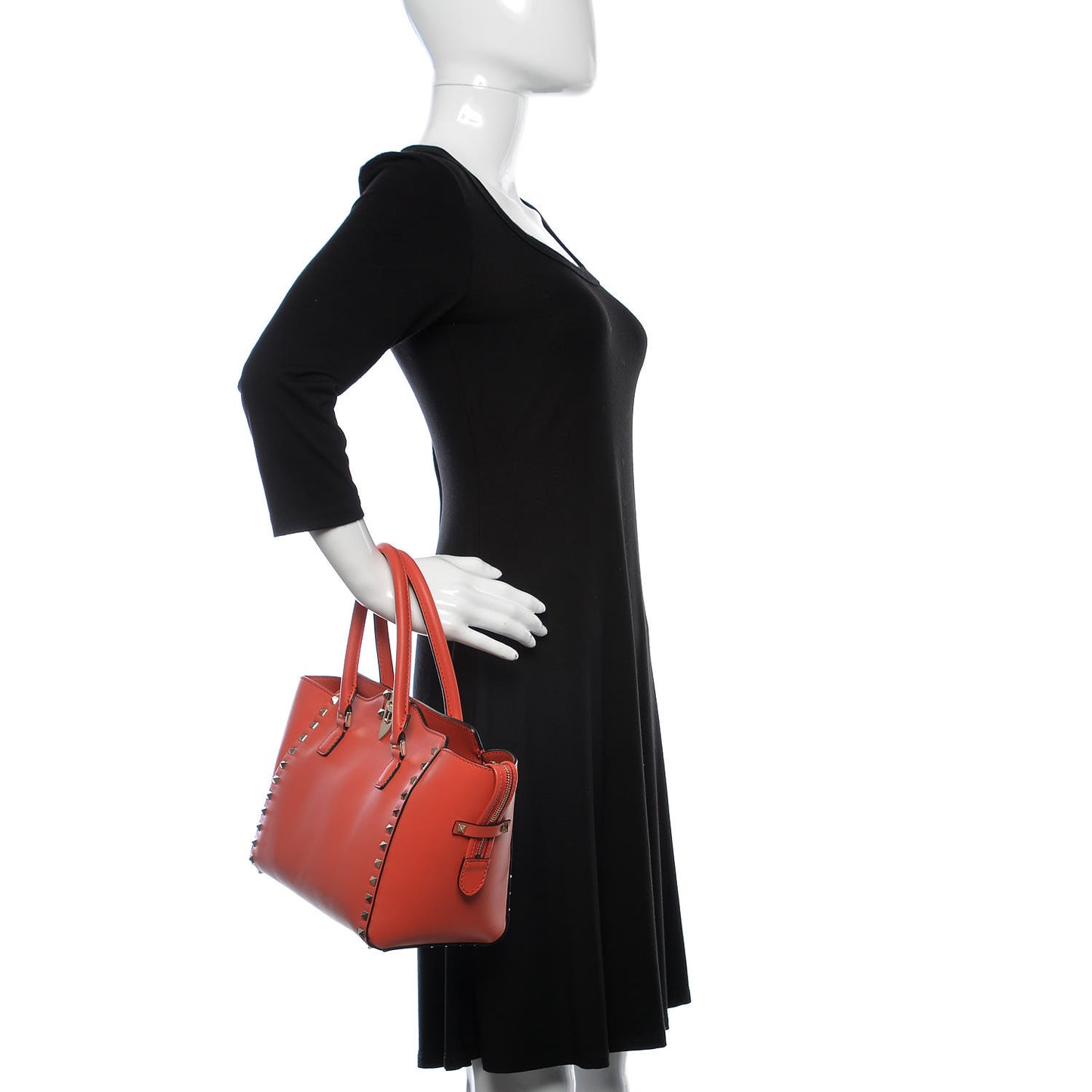 Vitello Small Rockstud Double Handle Tote Deep Coral