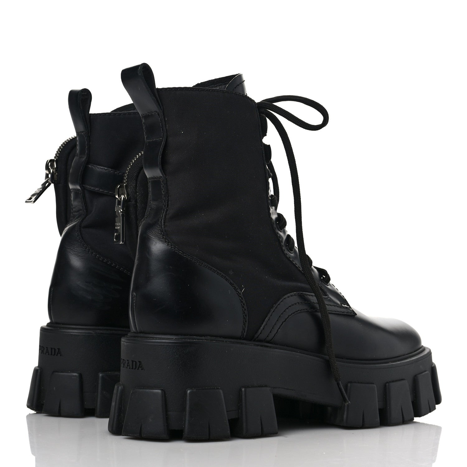 Prada Spazzolato Rois Nylon Metal Triangle Logo Monolith Pouch Pocket 55mm Boots 38.5 Black 4 of 16