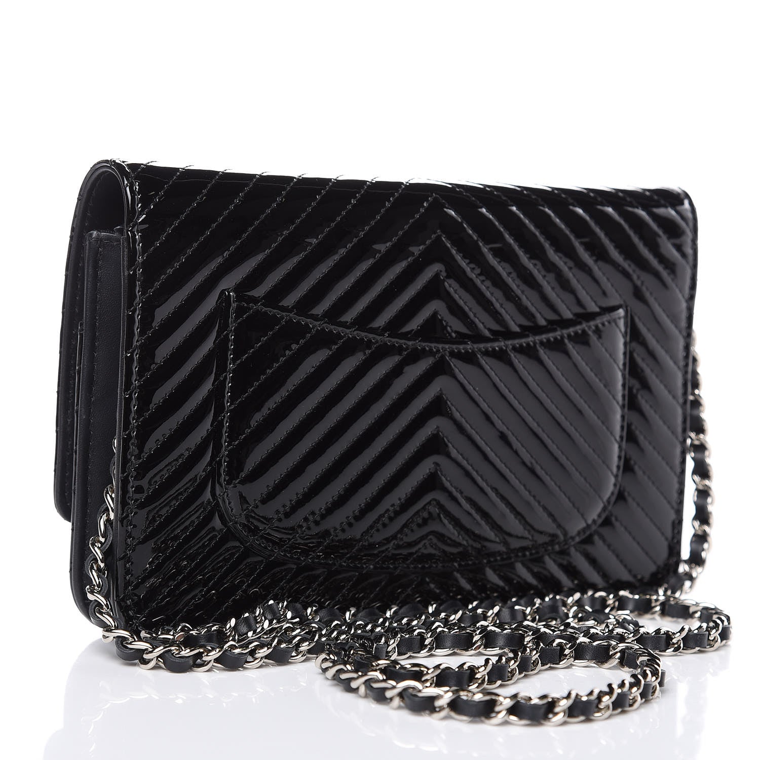 Chanel Patent Calfskin Chevron Quilted Wallet On Chain WOC Black 3 of 12