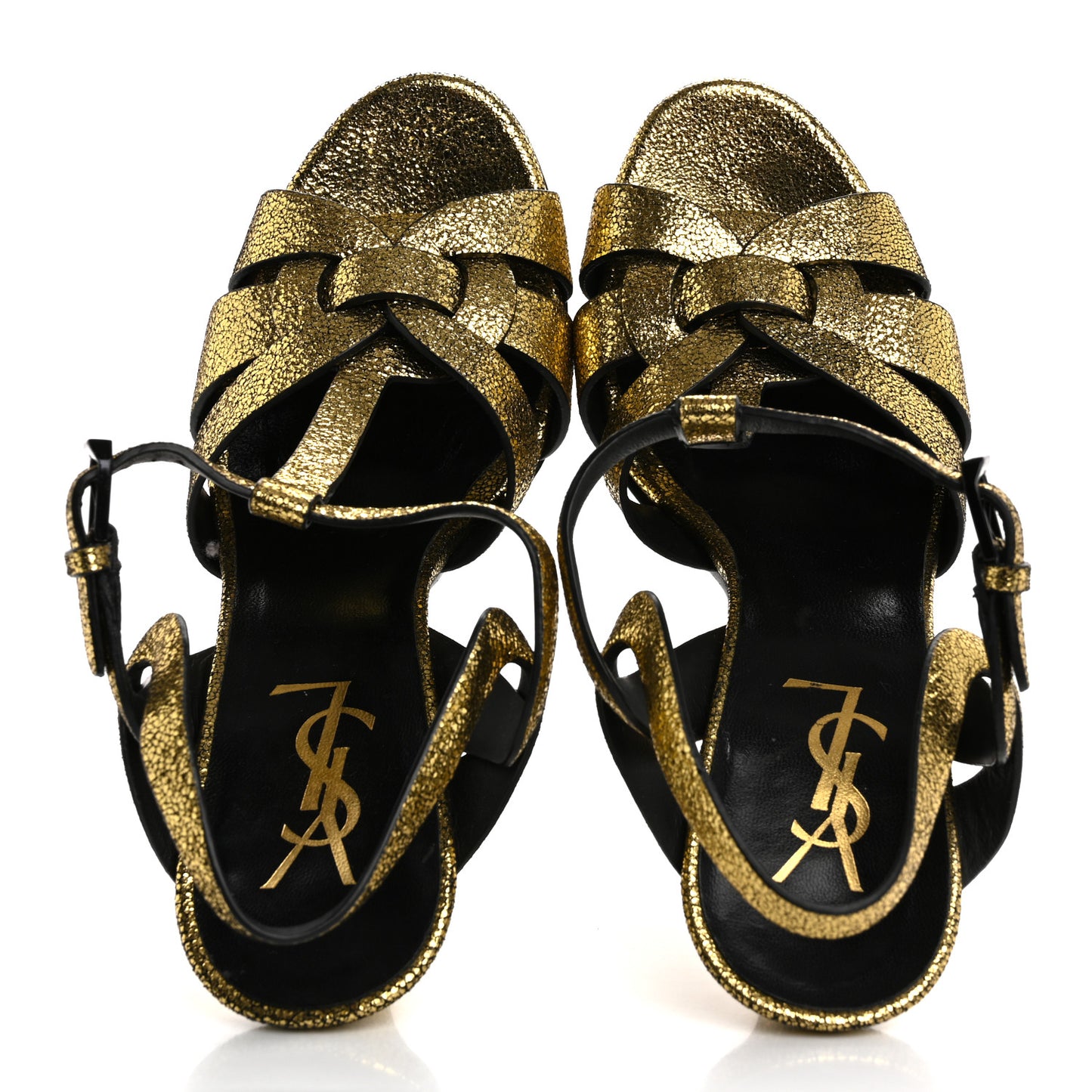 Metallic Crackled Calfskin Tribute 105 Platform Sandals 36 Black Gold