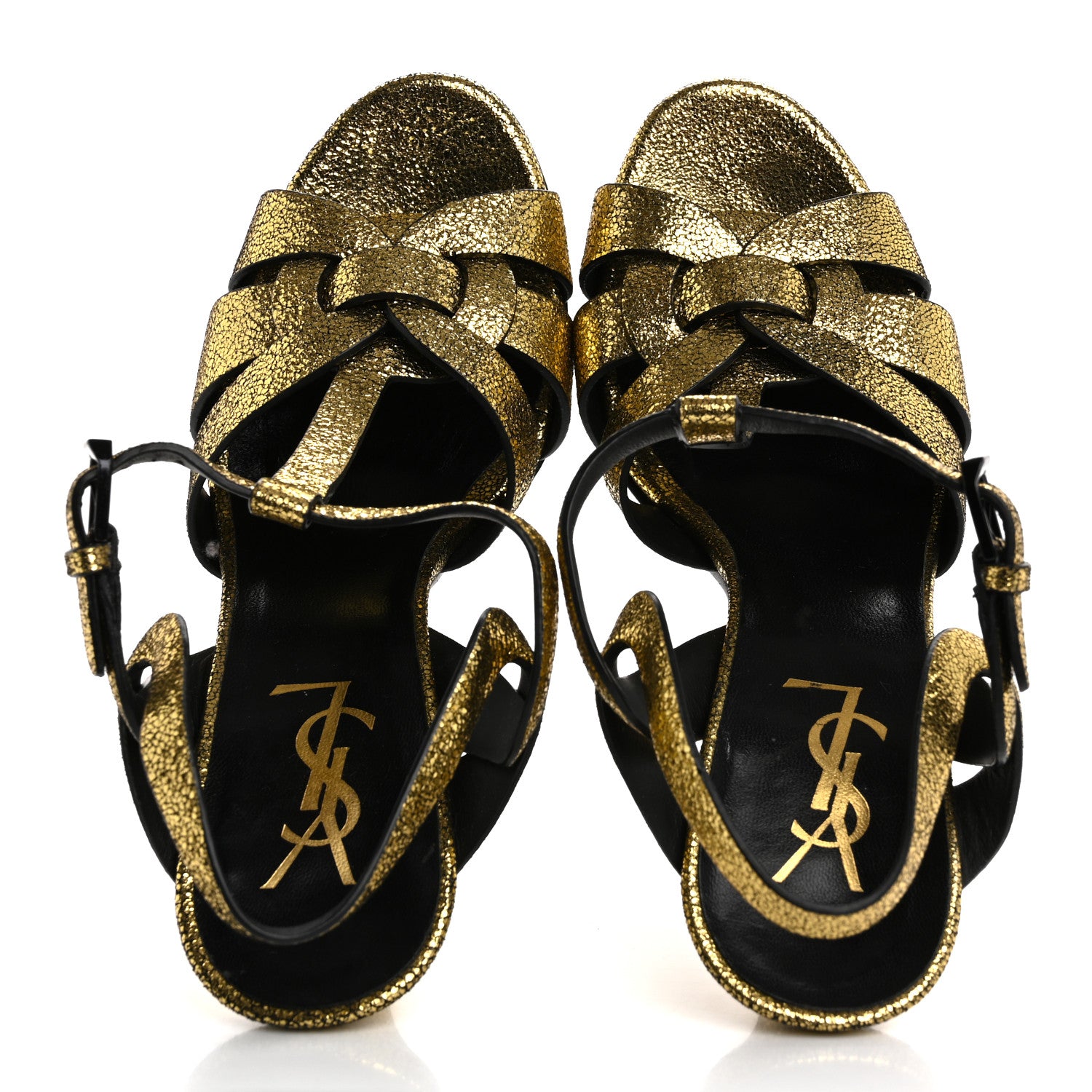 Saint Laurent Metallic Crackled Calfskin Tribute 105 Platform Sandals 36 Black Gold 2 of 9