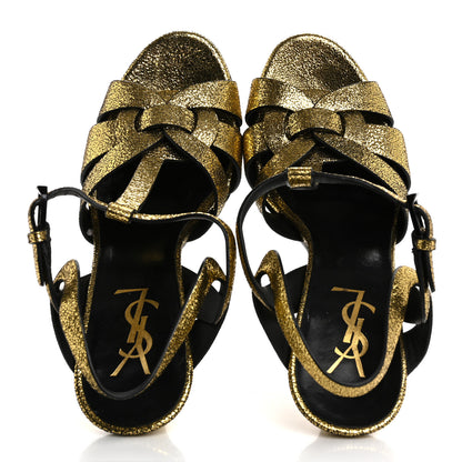 Saint Laurent Metallic Crackled Calfskin Tribute 105 Platform Sandals 36 Black Gold 2 of 9