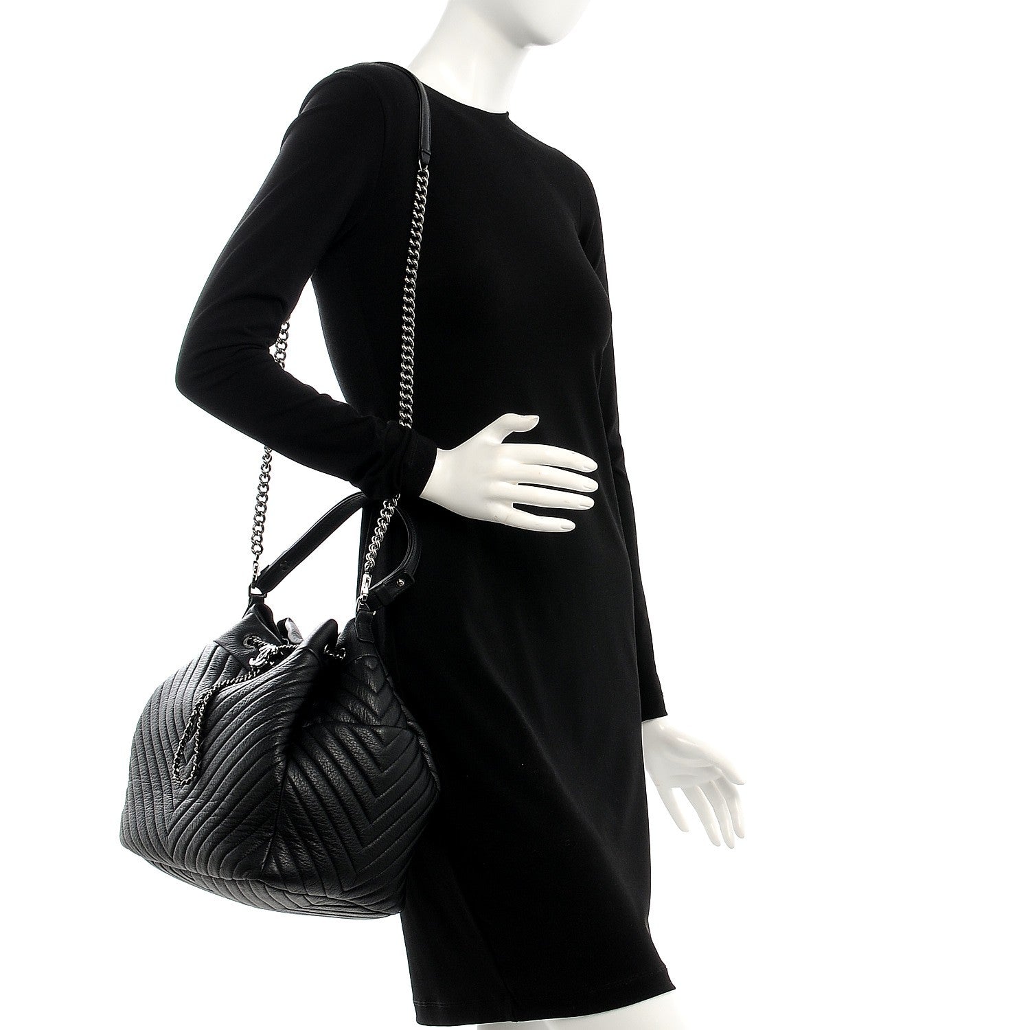 Chanel Deerskin Chevron Large CC Chain Bucket Drawstring Bag Black 2 of 8