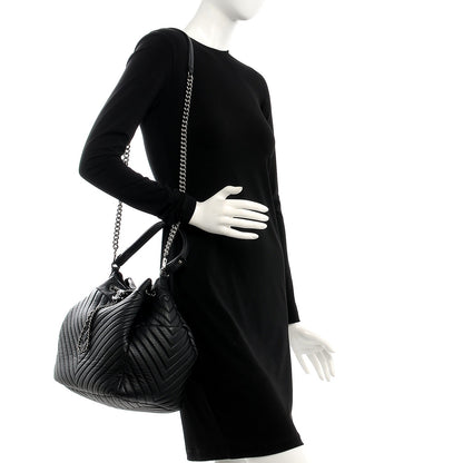 Chanel Deerskin Chevron Large CC Chain Bucket Drawstring Bag Black 2 of 8