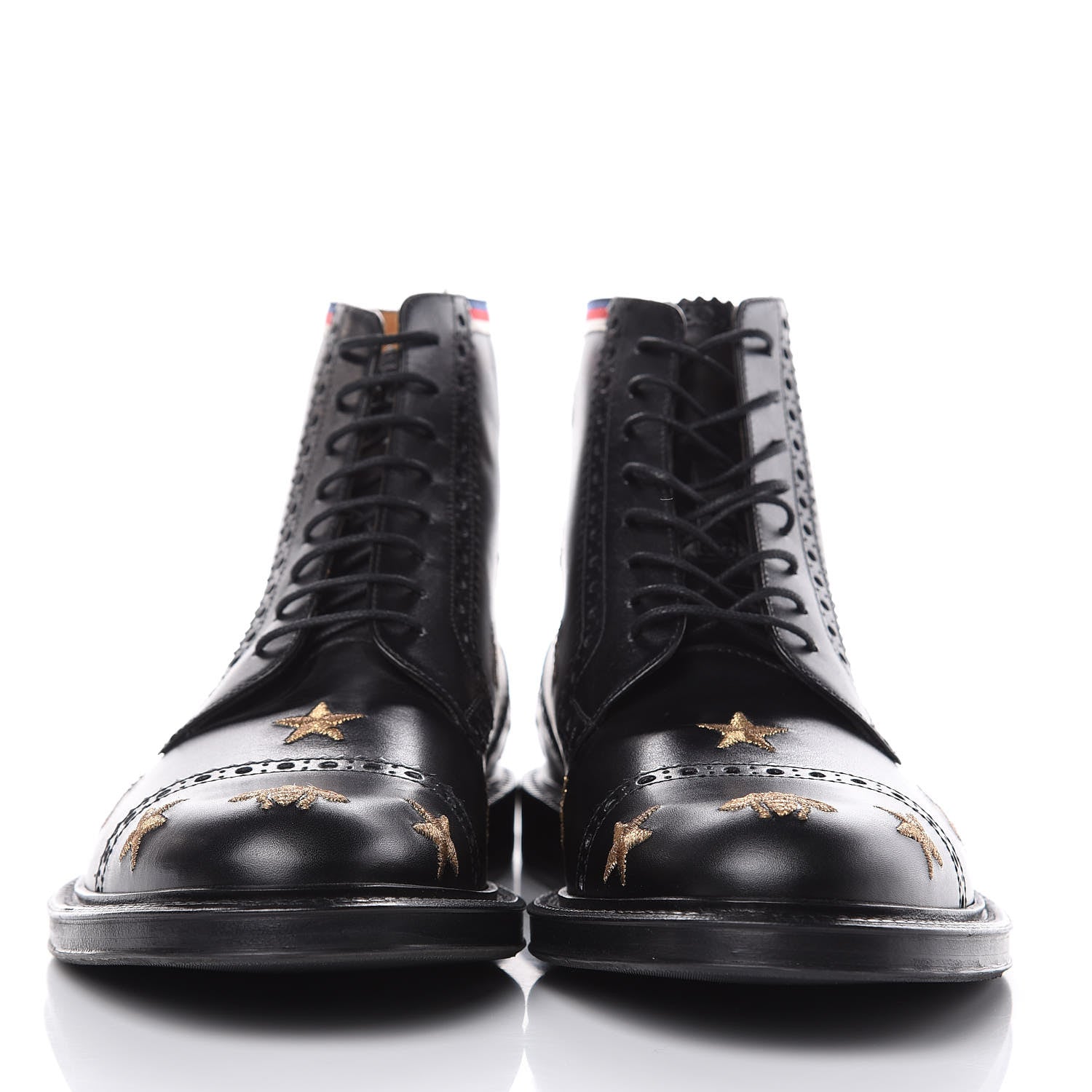 Gucci Calfskin Sylvie Web Bee Star Embroidered Mens Brogue Captoe Boots 7 Black 2 of 8