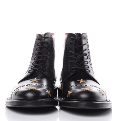 Gucci Calfskin Sylvie Web Bee Star Embroidered Mens Brogue Captoe Boots 7 Black 2 of 8