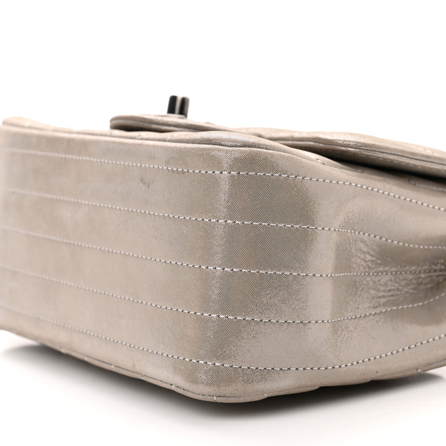 Iridescent Calfskin Chevron Quilted Mini Square Flap Silver