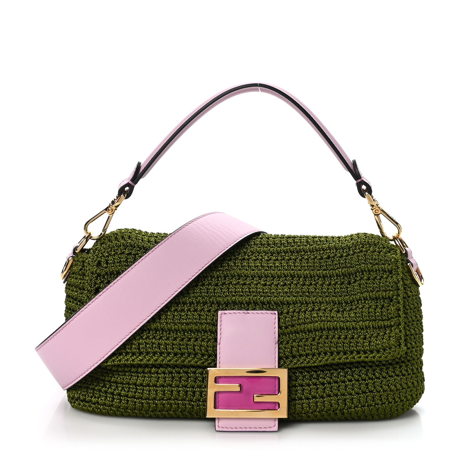 FENDI Fabric Crochet Vitello Grace Plexiglass Baguette in the colors Verde Lavanda by FASHIONPHILE