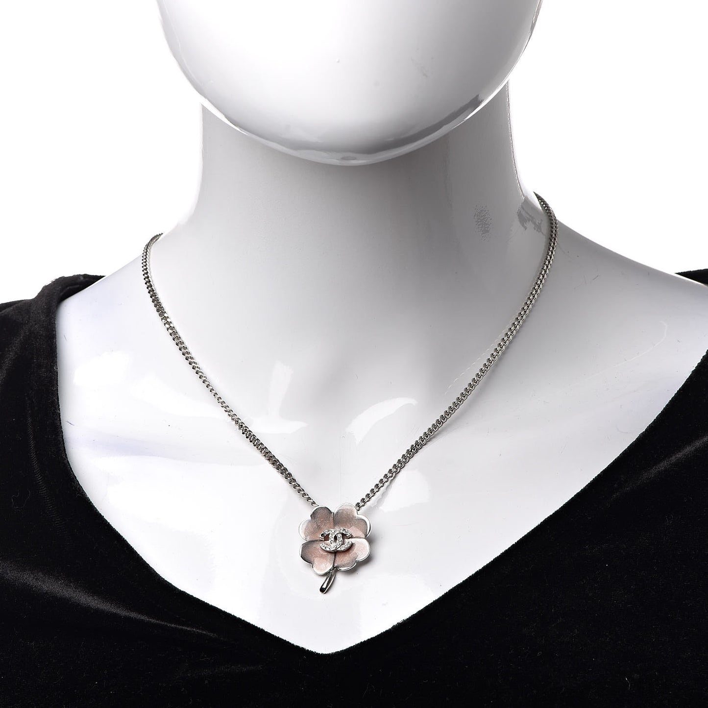 Enamel Crystal CC Camellia Pendant Necklace Silver