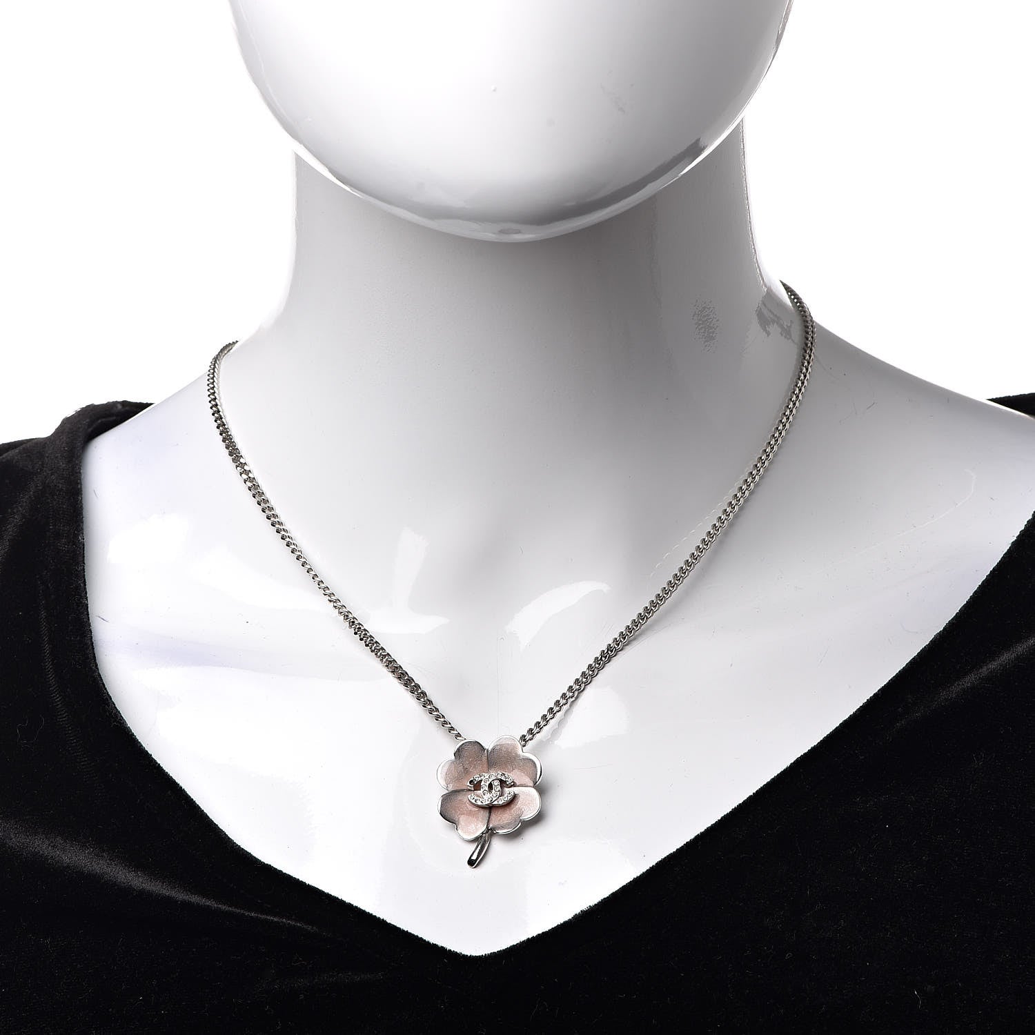 Chanel Enamel Crystal CC Camellia Pendant Necklace Silver 2 of 7