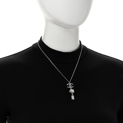 Chanel Crystal Baguette CC Drop Pendant Necklace Silver 2 of 7